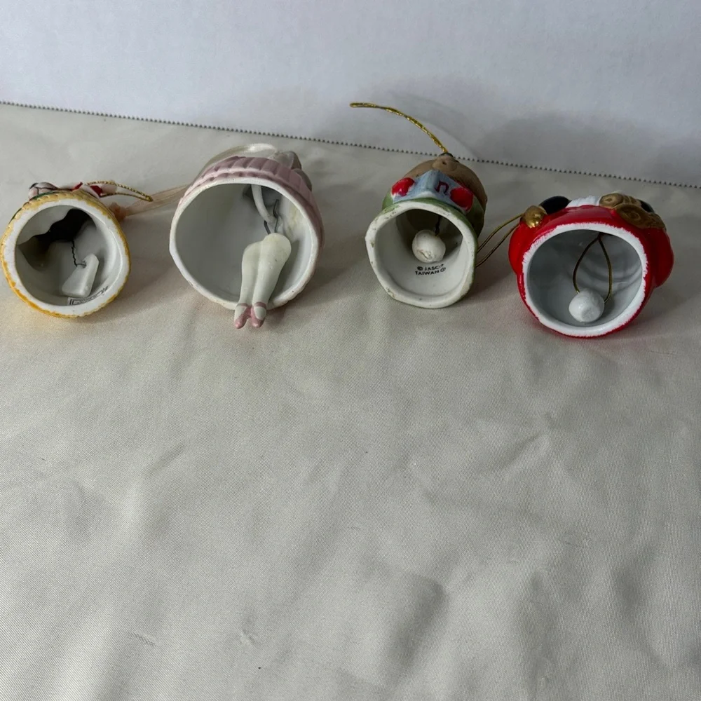 Lot 4 VTG Porcelain Bell Ornaments‎ Jasco Santa Bear Girl Dog Cat Christmas